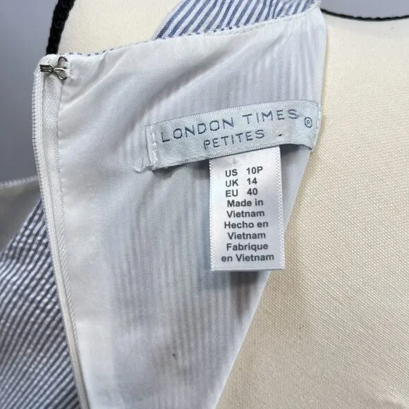 London Times sleeveless seersucker embroidered lace blue dress 10P - Picture 6 of 7